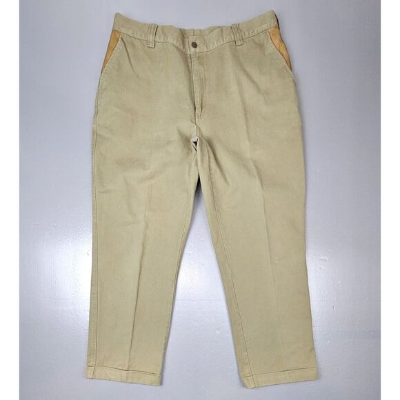 Orvis‎ Jeans Mens 38x29. Khaki Leather Trim Straight Leg Pants. - Picture 1 of 10